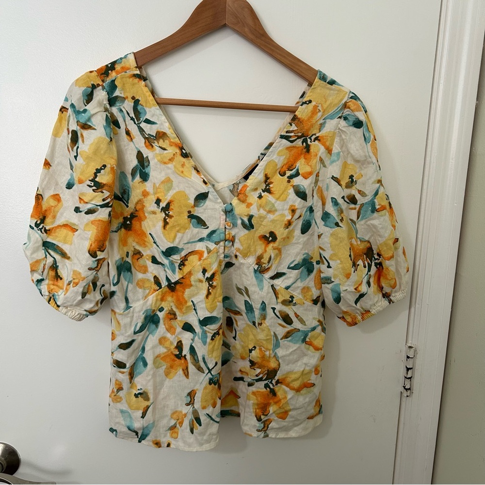Gap | Women’s Yellow Floral Print Puff Sleeve Peplum Top | Size Small